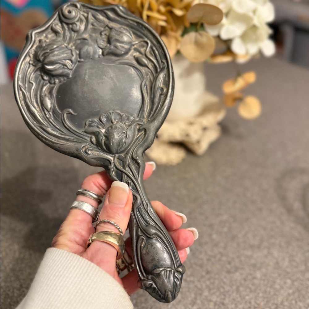 Ornate Antique Silver Pewter Hand Mirror